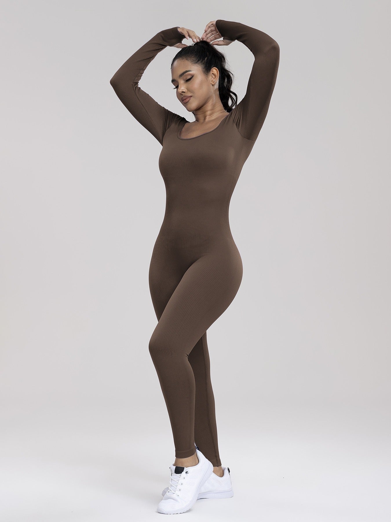 YOGA Women's Solid Ribbed Long Sleeve Sports Playsuit Tummy Control Jumpsuit, Workout Ribbed Long Sleeve Exercise Bodycon Jumpsuit, Seamless Jumpsuits One-piece Yoga Suit